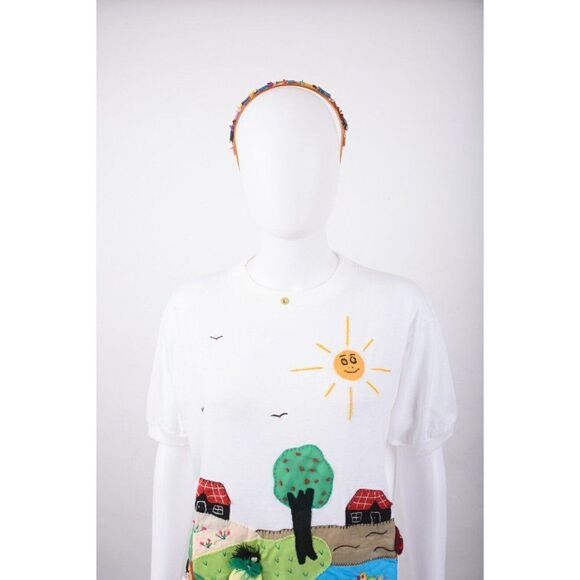 La Vicuna Peru Womens StichWork Shirt Top L White Village scene Head Band - Picture 6 of 9
